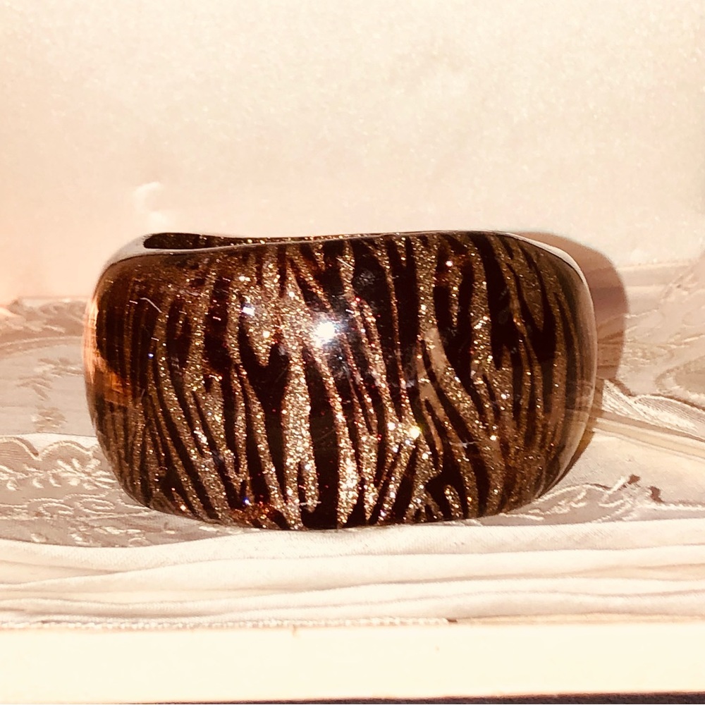 Sparkly Tiger Stripe Black Gold Lucite Bangle Bracelet Graduated Chunky Vtg 80s